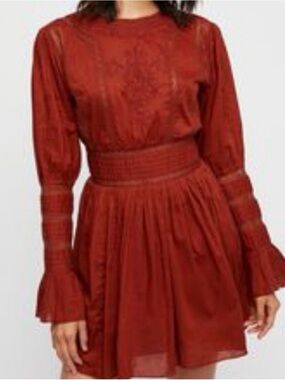Free People Long-Sleeve Smocked Waist Mini Dress